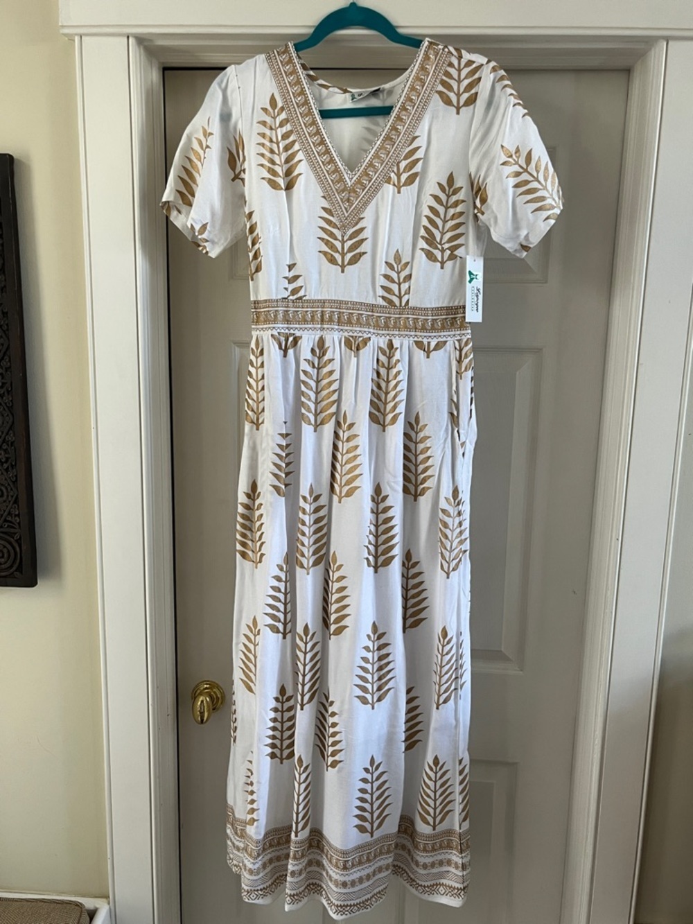 White Maxi Dress with Gold Leaf Print NEW Small